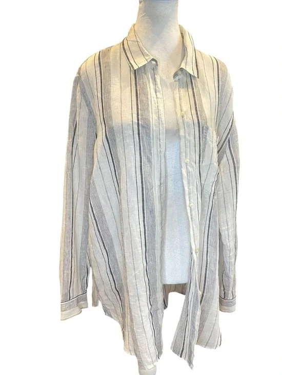 Coastal European Linen Oversized Boyfriend Shirt Blue Stripe Relaxed Chic - Picture 3 of 8
